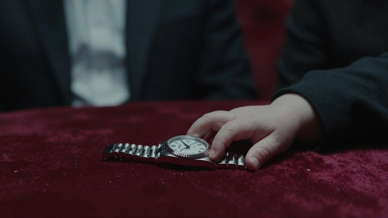 A baby&#039;s hand rests on a Rolex watch, symbolizing the exploitation of innocence.