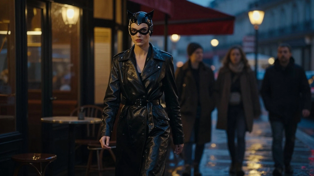 A confident woman in black leather walks alone through a rainy Paris night, radiating quiet power.