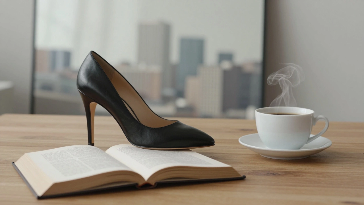 A high-heeled shoe, open book, and cup of coffee rest on a wooden table, symbolizing quiet dignity and choice.