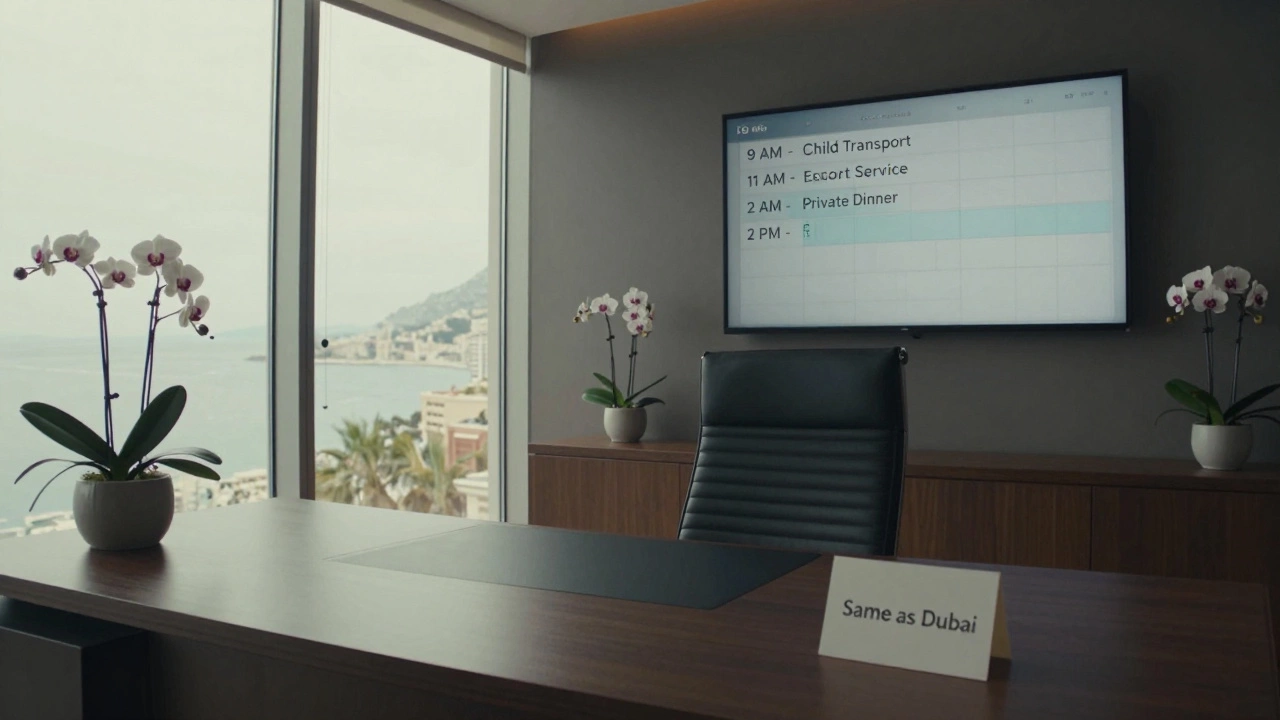 An upscale office with a calendar showing child transport and escort service appointments.