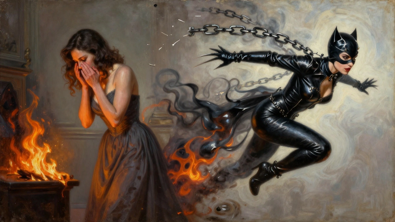 Split image of Selina Kyle and Catwoman, one fragile in museum dress, the other fierce in leather, flames between them.